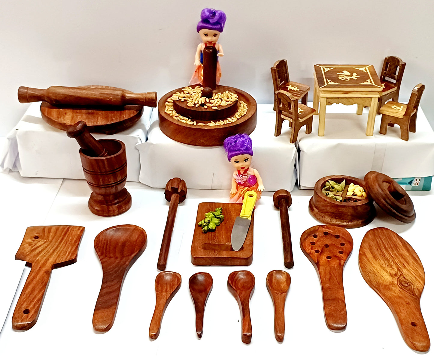 Wooden Pure sheesham Miniarure Combo No 4: Chopping board , chakki , masala box, okhali ,chakla belan, table chair set and spoons