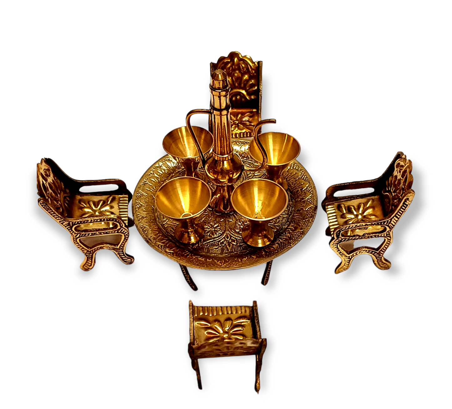 Brass Miniature Big size dining table chair set with 2 dolls