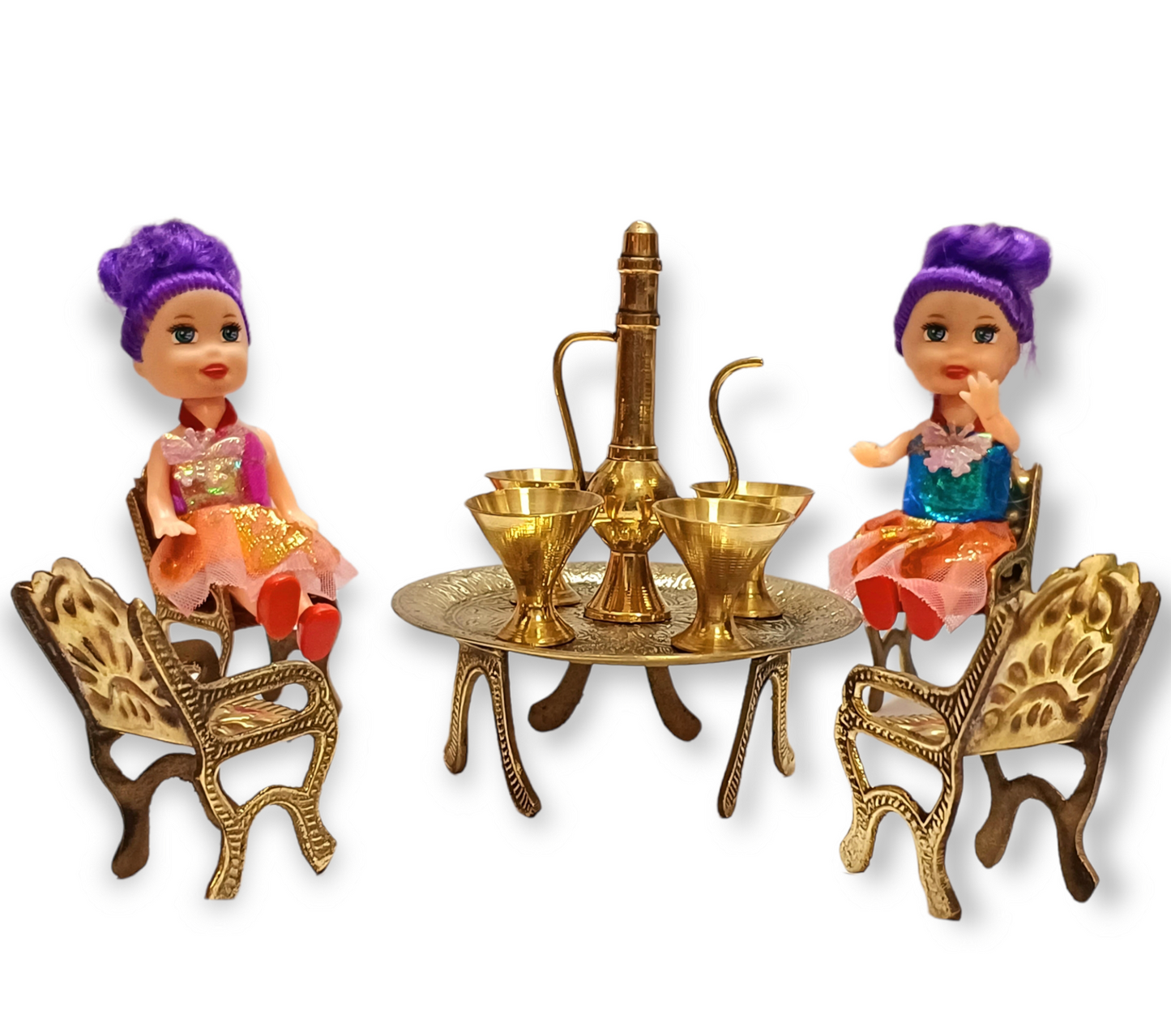 Brass Miniature Big size dining table chair set with 2 dolls