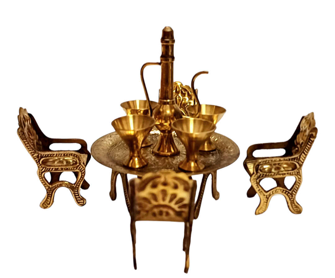Brass Miniature Big size dining table chair set with 2 dolls