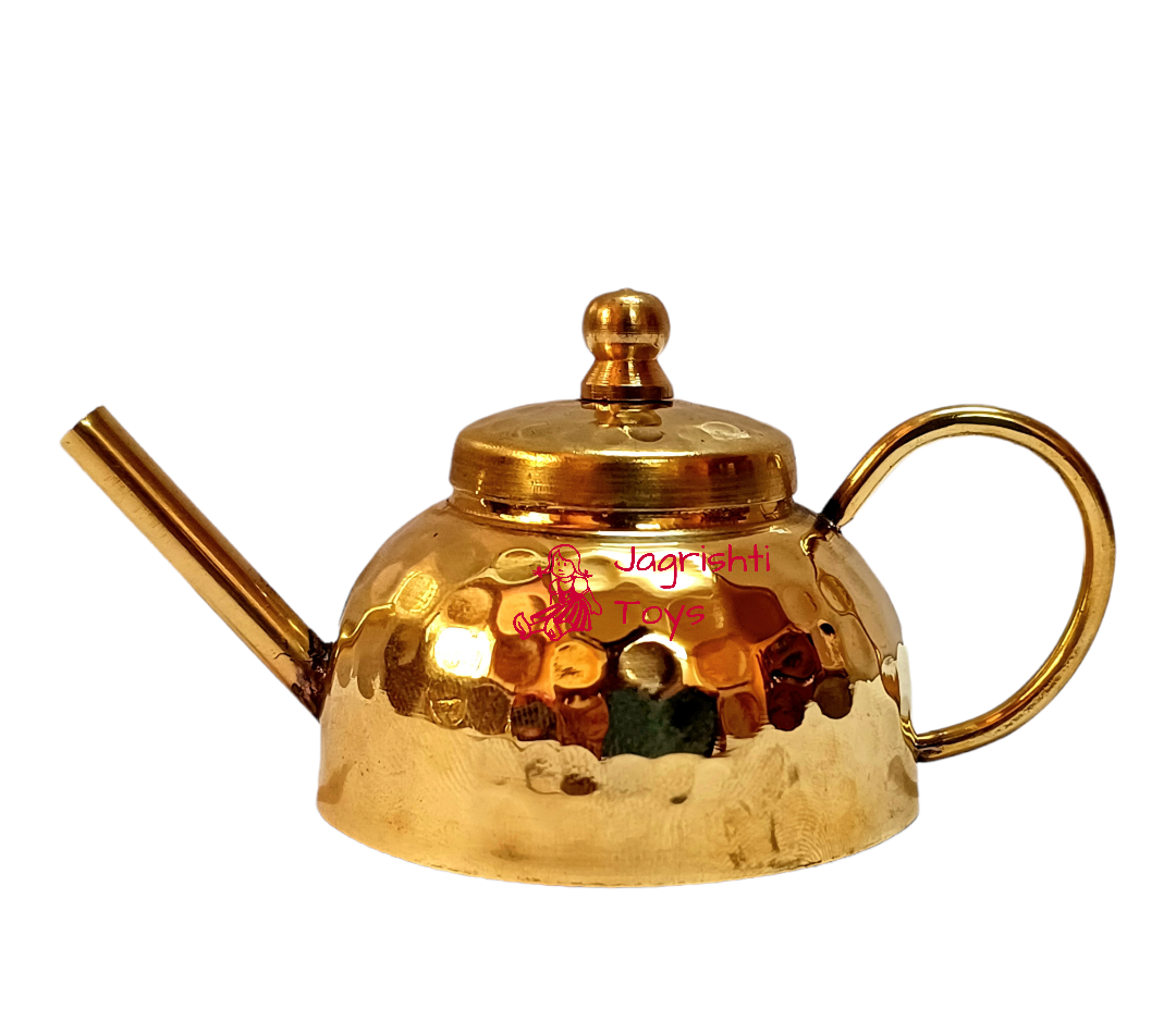Brass miniature Hammerred tea kettle with Cup Saucer and doll
