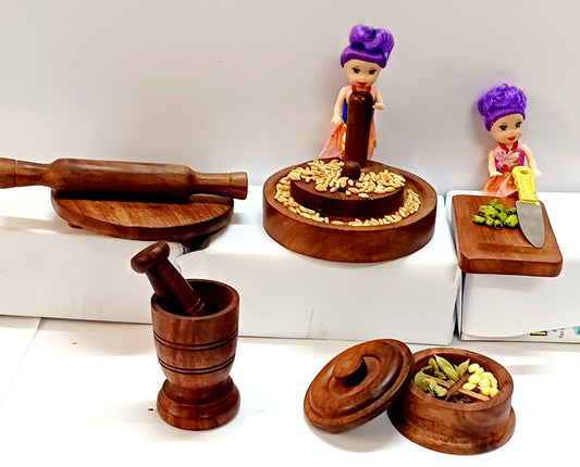 Wooden Pure sheesham Miniarure Combo No 2: Chopping board , chakki , masala box, okhali  and chakla belan