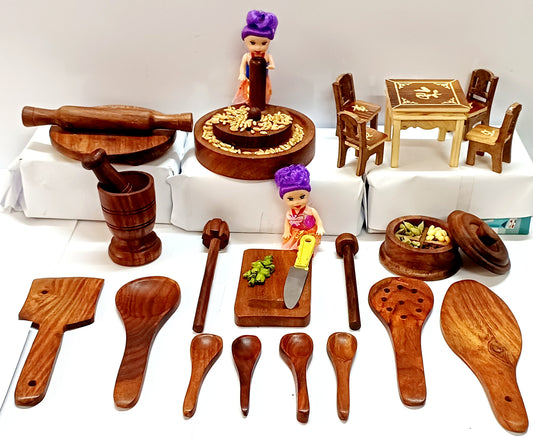 Wooden Pure sheesham Miniarure Combo No 4: Chopping board , chakki , masala box, okhali  ,chakla belan, table chair set and spoons