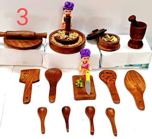 Wooden Pure sheesham Miniarure Combo No 3: Chopping board , chakki , masala box, okhali ,chakla belan with spoons