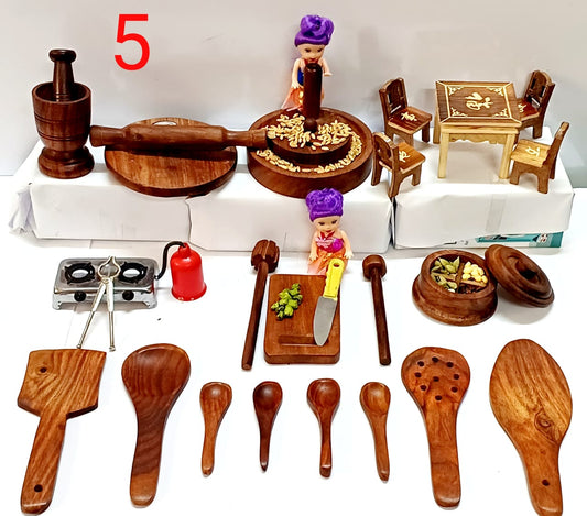 Wooden Pure sheesham Miniarure Combo No 5: Chopping board , chakki , masala box, okhali ,chakla belan, table chair set ,spoons, with steel gas