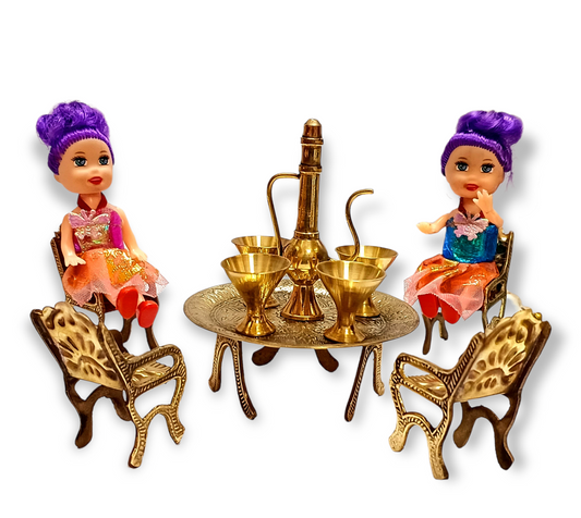 Brass Miniature Big size dining table chair set with 2 dolls