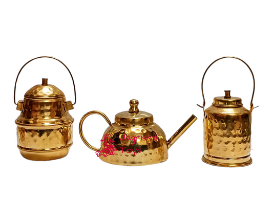 Brass Miniature set of hammerred tea kettle , milk kettle and oil kettle