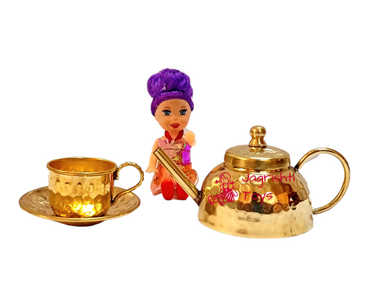 Brass miniature Hammerred tea kettle with Cup Saucer and doll